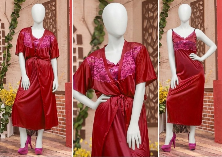 Luxury Satin Robe & Chemise Set for Women – Silk Feel Sleepwear (Free Size)
