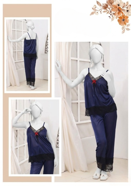 Women's Silk Top Pajama Set with Elegant Lace – Luxury Sleepwear (Free Size)