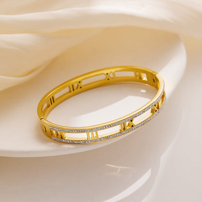 Trendy Hollow Roman Rhinestone Stainless Steel Bangles Bracelets for Women Golden Color