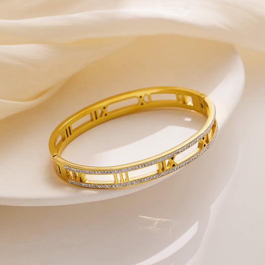 Trendy Hollow Roman Rhinestone Stainless Steel Bangles Bracelets for Women Golden Color
