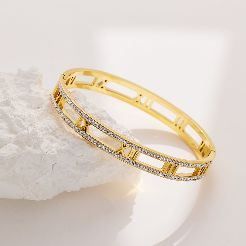 Trendy Hollow Roman Rhinestone Stainless Steel Bangles Bracelets for Women Golden Color