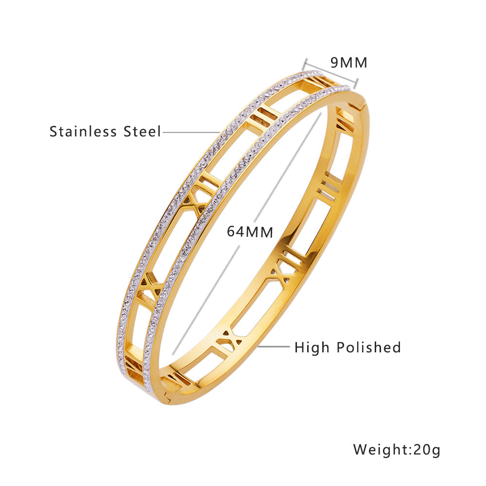 Trendy Hollow Roman Rhinestone Stainless Steel Bangles Bracelets for Women Golden Color