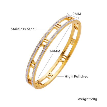 Trendy Hollow Roman Rhinestone Stainless Steel Bangles Bracelets for Women Golden Color