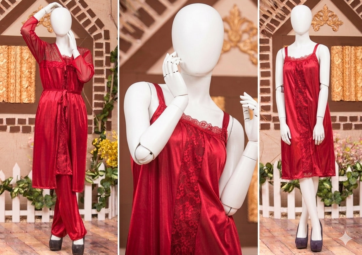 Women's 3 Piece Silk Satin Sleepwear Set – Lace Camisole, Shorts & Robe (Free Size)
