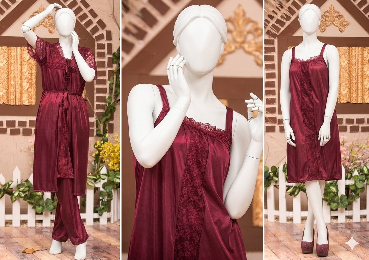 Women's 3 Piece Silk Satin Sleepwear Set – Lace Camisole, Shorts & Robe (Free Size)