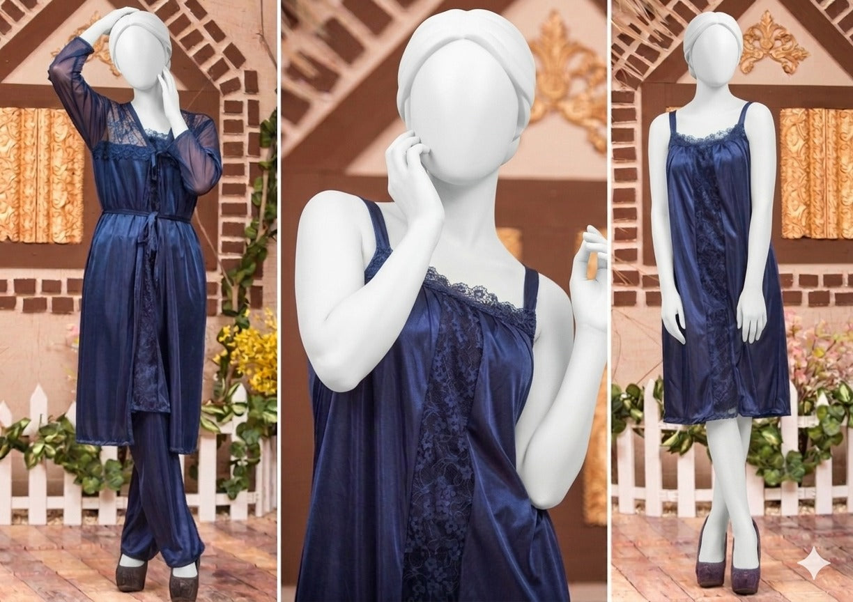 Women's 3 Piece Silk Satin Sleepwear Set – Lace Camisole, Shorts & Robe (Free Size)