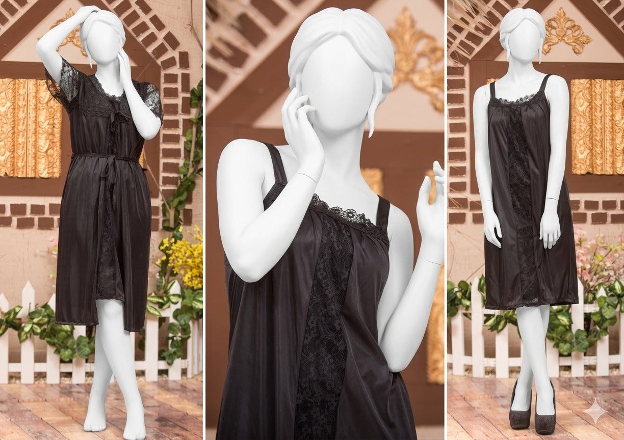 Women's 3 Piece Silk Satin Sleepwear Set – Lace Camisole, Shorts & Robe (Free Size)