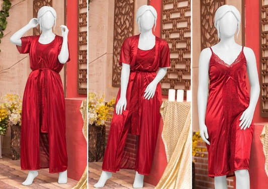 2 Pcs Premium Silk Satin Nightwear Set with Lace – Women's Camisole & Shorts Sleepwear (Free Size)