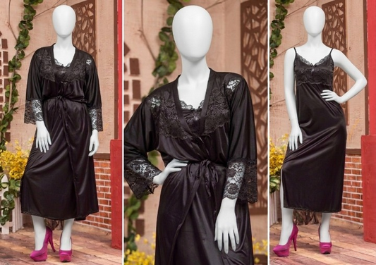 Luxury Satin Robe & Chemise Set for Women – Silk Feel Sleepwear (Free Size)