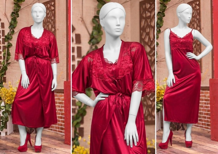 Luxury Satin Robe & Chemise Set for Women – Silk Feel Sleepwear (Free Size)