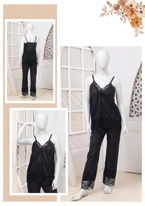 Women's Silk Top Pajama Set with Elegant Lace – Luxury Sleepwear (Free Size)