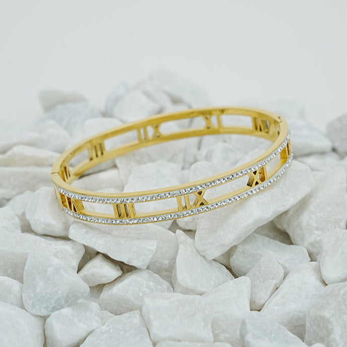 Trendy Hollow Roman Rhinestone Stainless Steel Bangles Bracelets for Women Golden Color