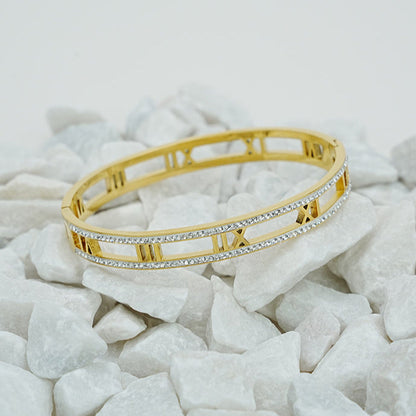 Trendy Hollow Roman Rhinestone Stainless Steel Bangles Bracelets for Women Golden Color
