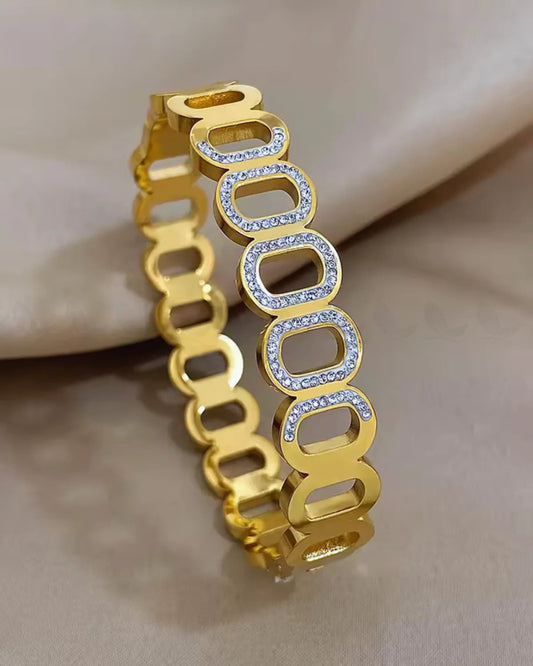 Trendy Geometric Hollow Oval Rhinestone Stainless Steel Bangles Bracelets for Women Golden Color