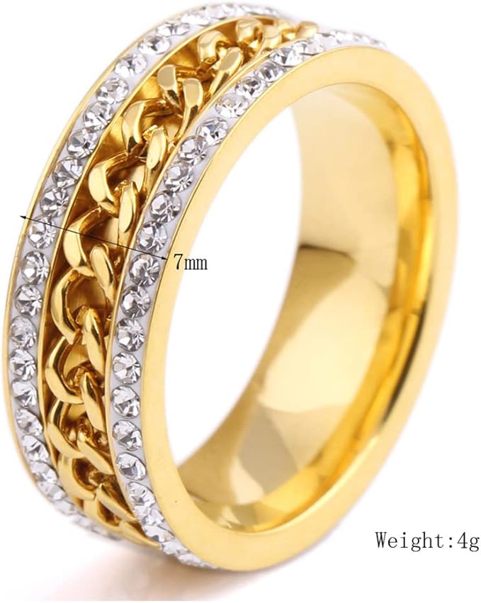 Golden Stainless Steel chain Ring with Shining  Rinshine Stones