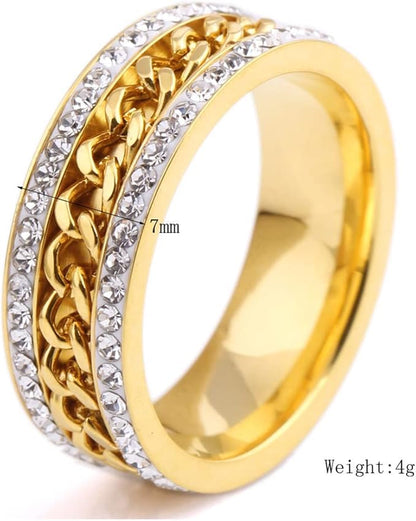 Golden Stainless Steel chain Ring with Shining  Rinshine Stones