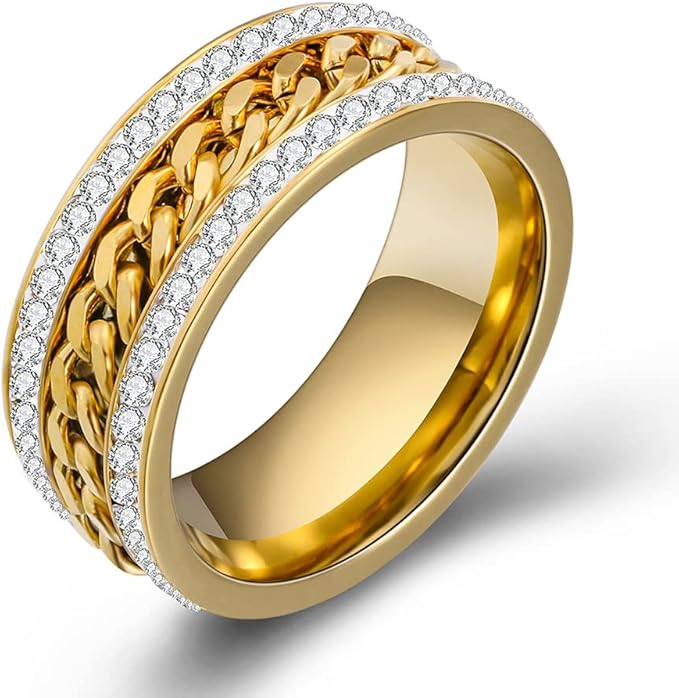 Golden Stainless Steel chain Ring with Shining  Rinshine Stones