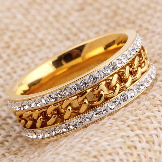 Golden Stainless Steel chain Ring with Shining  Rinshine Stones