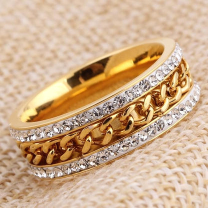 Golden Stainless Steel chain Ring with Shining  Rinshine Stones