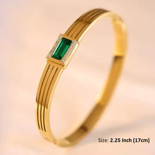 BRACELET Golden Rhinestone & Green Zircon Gem Bangle – Stainless Steel Diamond-Cut Luxury Bracelet