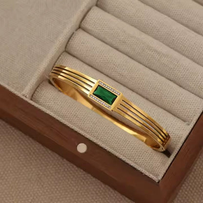 BRACELET Golden Rhinestone & Green Zircon Gem Bangle – Stainless Steel Diamond-Cut Luxury Bracelet