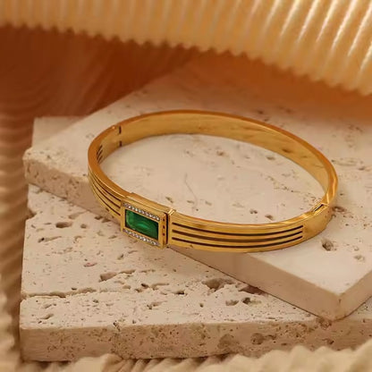 BRACELET Golden Rhinestone & Green Zircon Gem Bangle – Stainless Steel Diamond-Cut Luxury Bracelet