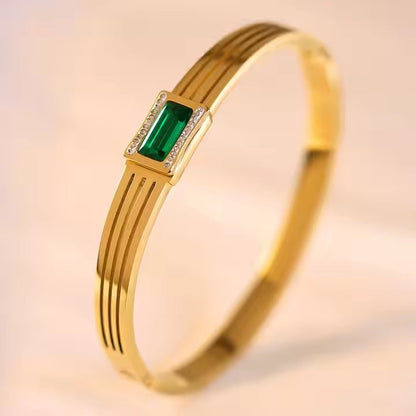 BRACELET Golden Rhinestone & Green Zircon Gem Bangle – Stainless Steel Diamond-Cut Luxury Bracelet