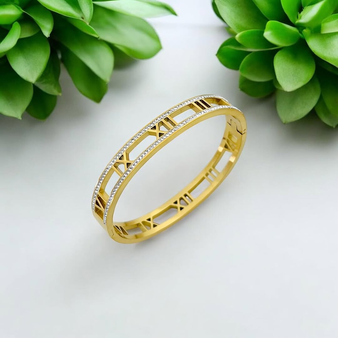 Trendy Hollow Roman Rhinestone Stainless Steel Bangles Bracelets for Women Golden Color