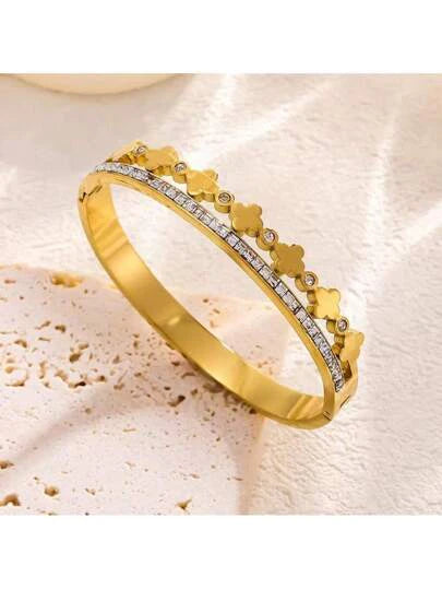 Bracelet Bangle for girls clover Zirconia design Stainless Steel
