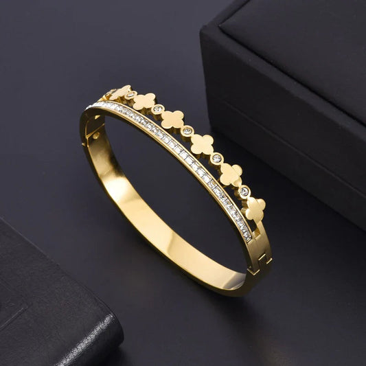 Bracelet Bangle for girls clover Zirconia design Stainless Steel