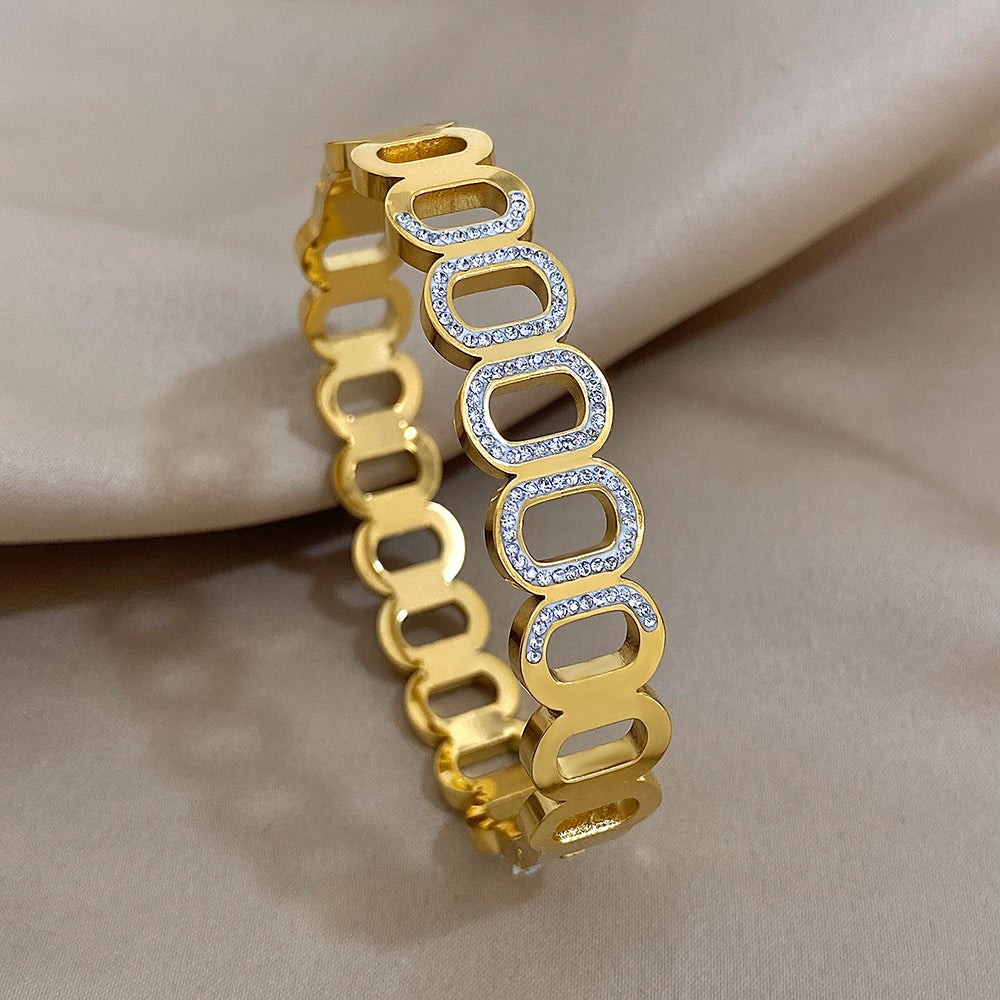 Trendy Geometric Hollow Oval Rhinestone Stainless Steel Bangles Bracelets for Women Golden Color