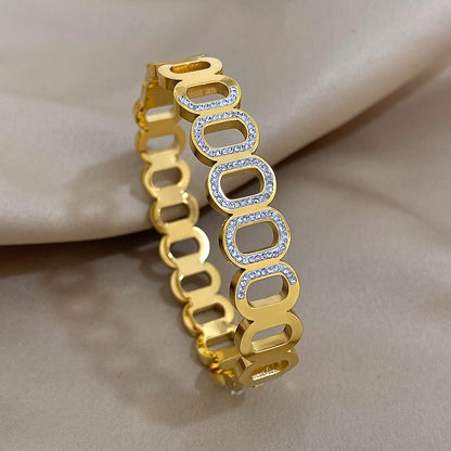 Trendy Geometric Hollow Oval Rhinestone Stainless Steel Bangles Bracelets for Women Golden Color