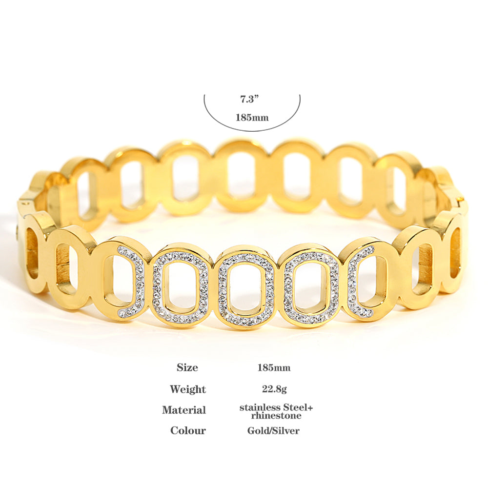 Trendy Geometric Hollow Oval Rhinestone Stainless Steel Bangles Bracelets for Women Golden Color