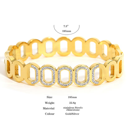Trendy Geometric Hollow Oval Rhinestone Stainless Steel Bangles Bracelets for Women Golden Color
