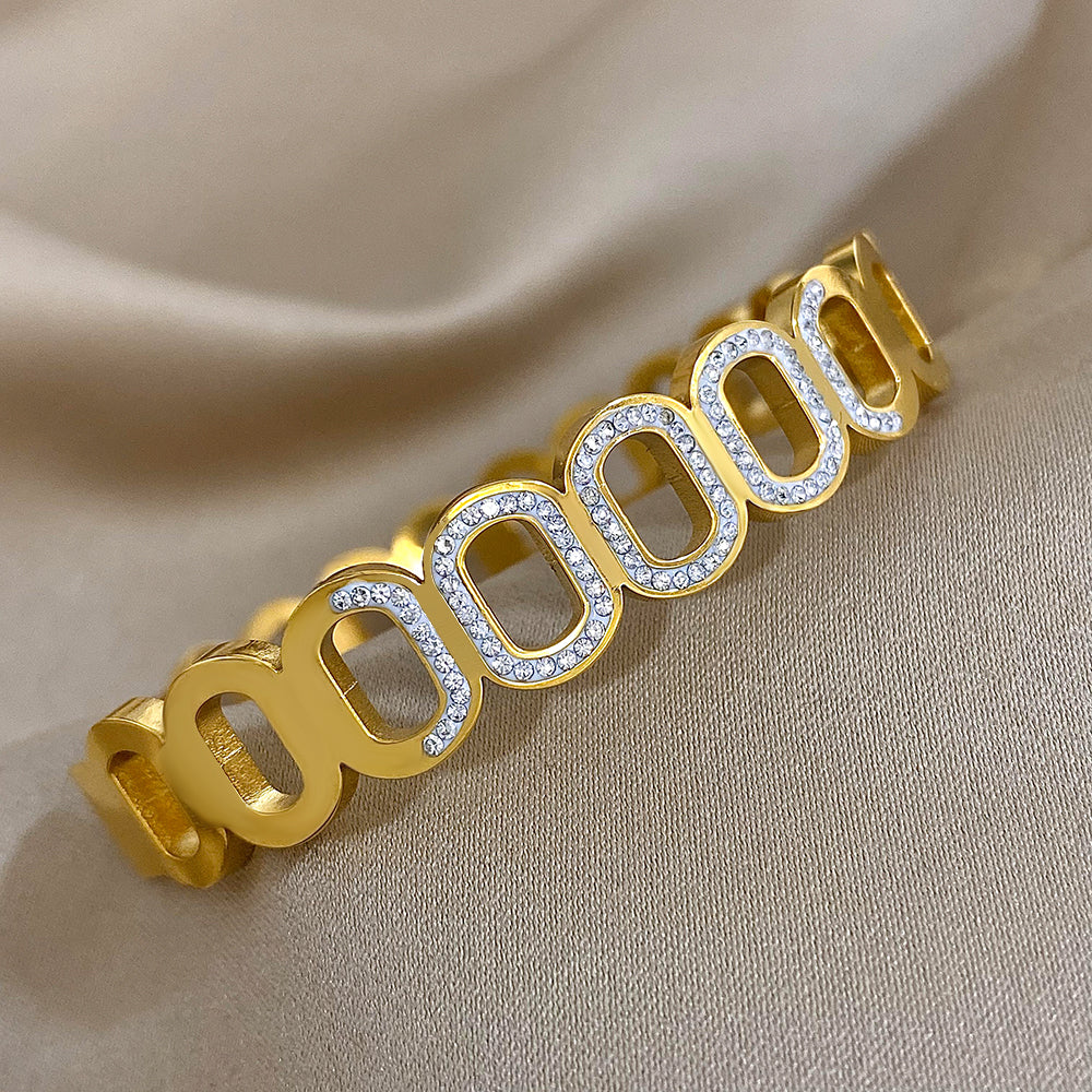 Trendy Geometric Hollow Oval Rhinestone Stainless Steel Bangles Bracelets for Women Golden Color