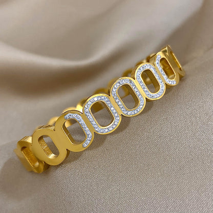 Trendy Geometric Hollow Oval Rhinestone Stainless Steel Bangles Bracelets for Women Golden Color