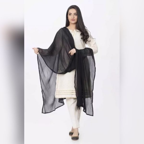 Plain Black Crinkle Chiffon Dupatta for Women