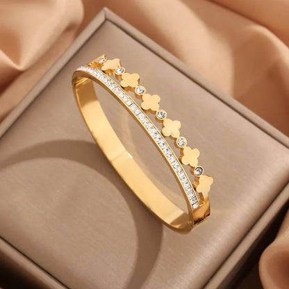 Bracelet Bangle for girls clover Zirconia design Stainless Steel