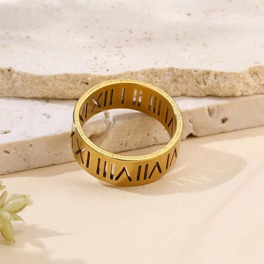Elegant Golden Roman style hollow Ring  – Stainless Steel Women Ring