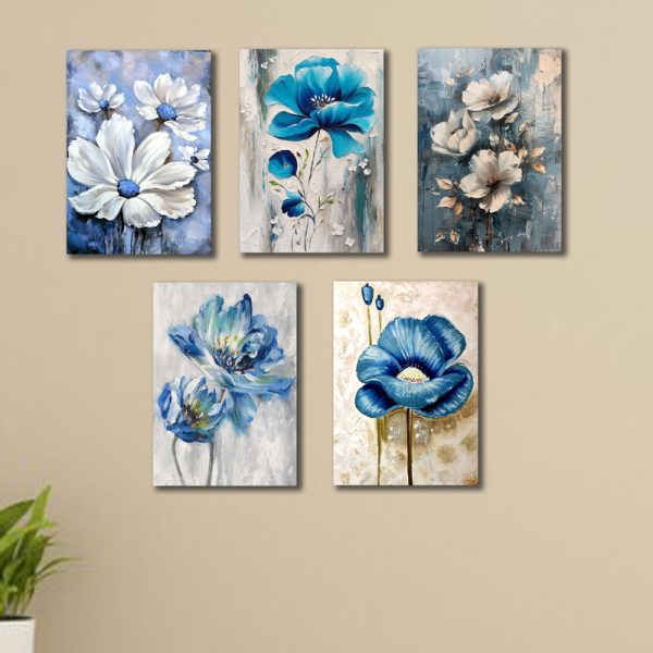 5pc Blue Flowers Wall Art Wooden Frames for Home
