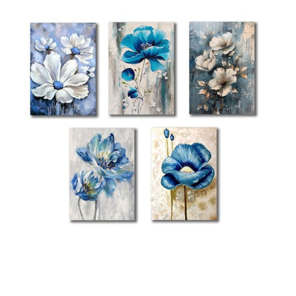5pc Blue Flowers Wall Art Wooden Frames for Home